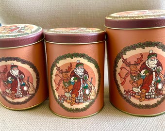 Christmas Tins,  Set of 3 Vintage Graduated Metal Kitchen Canisters, Old Time Christmas Metal Flour Sugar and Cornmeal Storage Containers