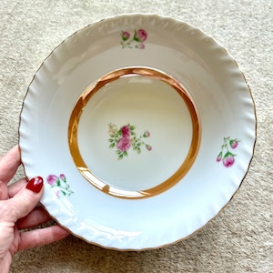 Vintage White Porcelain Serving Bowl with Pink Hand Painted Roses and Gold Guilded Scolloped Top Edges, Made in Japan, 1950’s Pattern