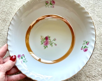 Porcelain Serving Bowl, Vintage Hand-Painted Roses, Gold Scalloped Edge, Made in Japan
