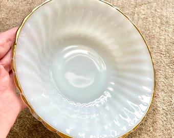Anchor Hocking Fire King Vintage Swirl Milk Glass Bowl: 22k Gold Trim, Serving Bowl, Elegant Milk Glass Serving Bowl, Gold Trimmed Bowl