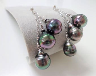 9-9.9mm Drop-Baroque Silver Dangle Cluster Tahitian Pearl Earrings