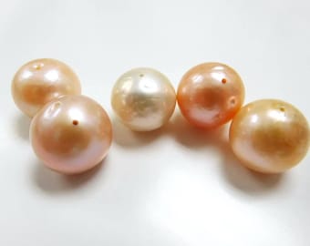 14-15mm Semi-Round/Short-Ovals Peach and Cream 0.9mm Drilled-Through Loose Fresh Water Pearl