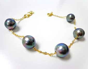 9-9.9mm Dark Baroque Tahitian Pearl Station Gold Bracelet