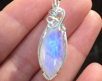 Flashy Rainbow Moonstone Wire Wrapped Pendant Sterling Silver