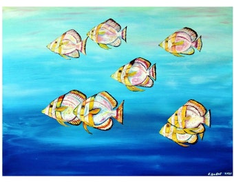 Colourful Tropical Fish Oil Painting: Coral Reef Fish Sea Life Original Canvas Wall Art