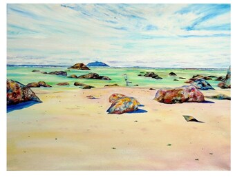 Seascape Oil Painting of Seychelles| Tropical Island Fine Art Canvas | Sea,Sun & Sand Wall Art | Grey Heron Bird  Landscape