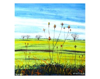 Landscape Oil Painting of the Fens | Countryside Scenery Of Fields and Wild Plants | Square Wall Art