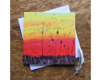 Sunset Landscape Oil Painting  Greeting Card |The Fens Countryside Birds in Flight Blank Art Notelet