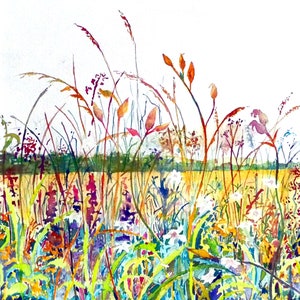 Fen Landscape Watercolour of Wild Flowers Countryside Floral image 3