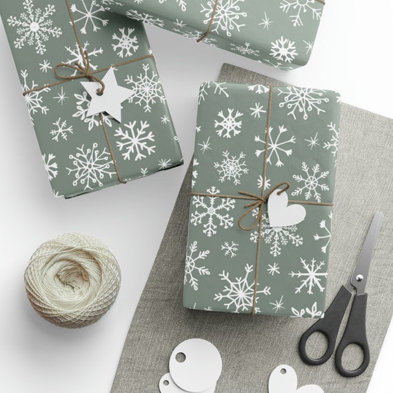 Sage Green Christmas Snowflakes Wrapping Paper, 3 Sizes Available
