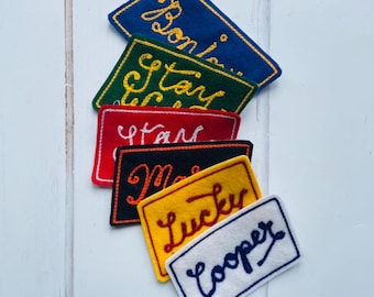 Patch personalizado com nome em ponto corrente, emblema de feltro bordado em estilo vintage