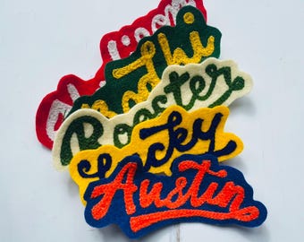 Etiqueta de nome personalizada com ponto corrente, crachá de feltro de lã, bordado em ponto corrente