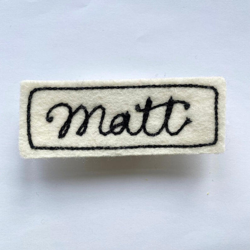 Custom Chain Stitch Name Patch, Wool Felt Name Badge, Chain Stitch Embroidery white/black