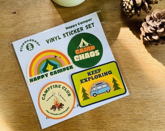 Happy Camper Vinyl Sticker Pack,  Set of 4 Camping Stickers, Waterproof Stickers, Retro Stickers, Camping Gift