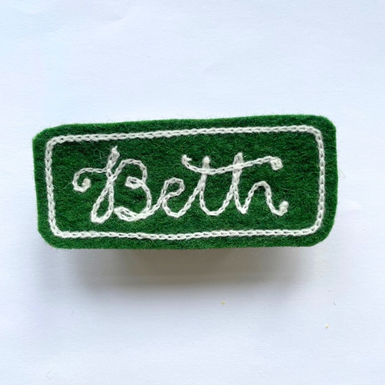 Custom Chain Stitch Name Patch, Wool Felt Name Badge, Chain Stitch Embroidery forest green/white