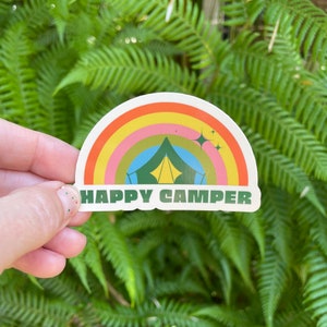 Happy Camper Vinyl Sticker, Camping Sticker, Waterproof Sticker, Retro Sticker, Camping Party Favors
