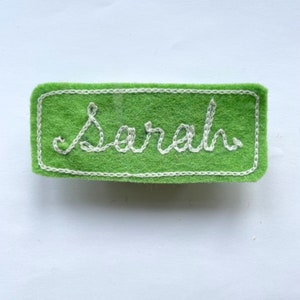 Custom Chain Stitch Name Patch, Wool Felt Name Badge, Chain Stitch Embroidery pistachio/white