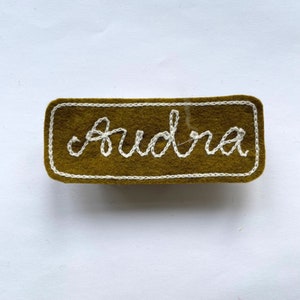 Custom Chain Stitch Name Patch, Wool Felt Name Badge, Chain Stitch Embroidery willow/white