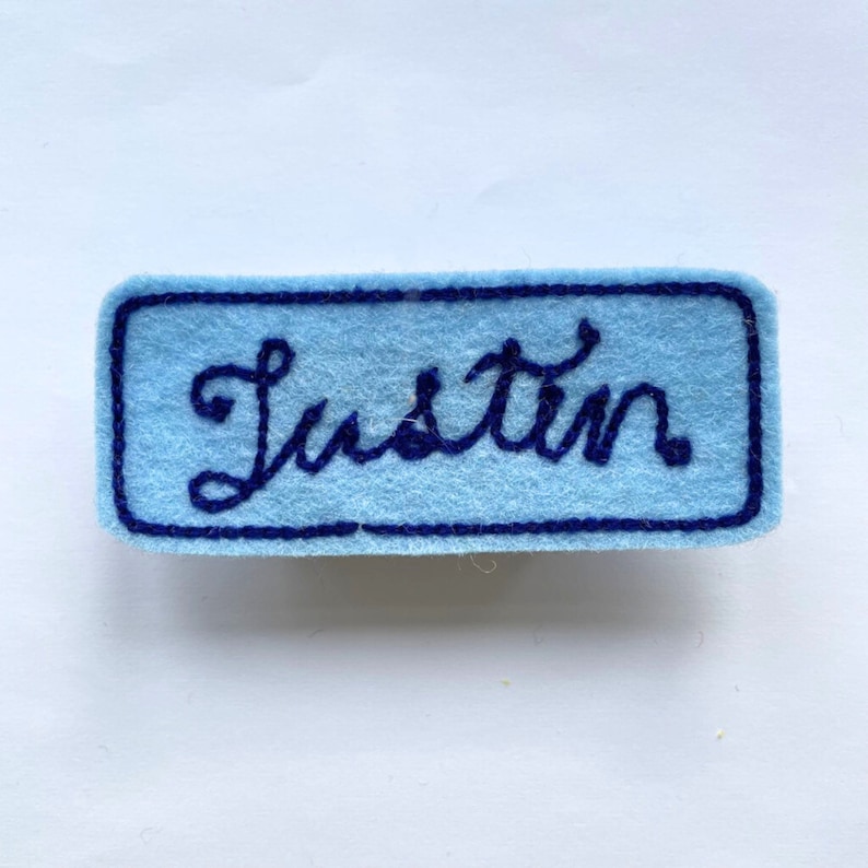 Custom Chain Stitch Name Patch, Wool Felt Name Badge, Chain Stitch Embroidery pale blue/navy