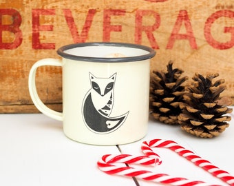 Christmas Enamel Mug, Christmas Hot Chocolate Mug, Fox Mug, Owl Mug