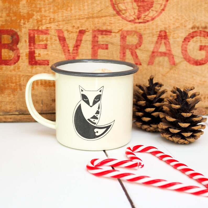 Christmas Enamel Mug, Christmas Hot Chocolate Mug, Fox Mug, Owl Mug image 1
