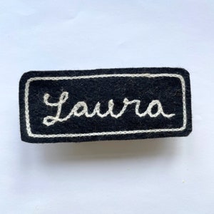 Custom Chain Stitch Name Patch, Wool Felt Name Badge, Chain Stitch Embroidery black/white