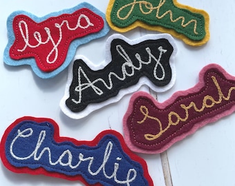 Custom Chain Stitched Name Patch, Chain Stitch embroidery, Wool Felt Name Badge