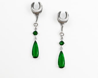Emerald Zircon Ear Gauges, Elegant Ear Saddle with Emerald Zircon Crystal Accent, Wedding Ear Plugs ,Ear Gauges for Prom Party (2g-30mm)
