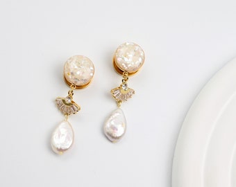 White Crushed Shell Screw On Ear Gauges with Zircon Fan Hanger and Freshwater Pearl Drop - Perfect for Prom or Wedding, Size 8g up to 1 inch