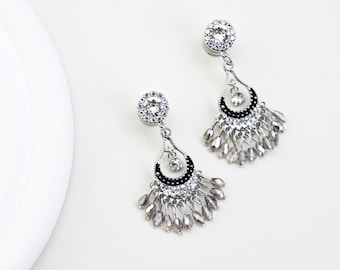 Crystal Chandelier Ear Gauges with Silver Fringe Drops,Size available from 4g up to 5/8 inch ,Wedding Ear Plugs