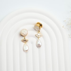 White Crushed Shell Screw On Ear Gauges with Zircon Fan Hanger and Freshwater Pearl Drop Perfect for Prom or Wedding, Size 8g up to 1 inch image 5