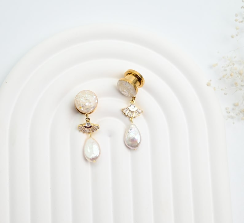 White Crushed Shell Screw On Ear Gauges with Zircon Fan Hanger and Freshwater Pearl Drop Perfect for Prom or Wedding, Size 8g up to 1 inch image 5