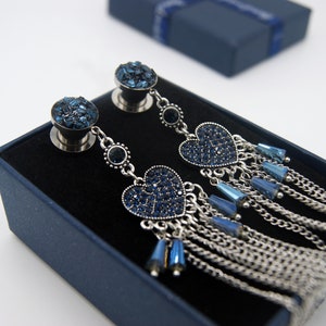 Marineblaue Druzy Quasten Plugs Gauges 8g, 6g, 4g, 2g, 0g,00g, 1/2&quot;, 9/16&quot;, 5/8&quot;, 3/4&quot;, 1&quot; Prom Gauges