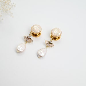 White Crushed Shell Screw On Ear Gauges with Zircon Fan Hanger and Freshwater Pearl Drop Perfect for Prom or Wedding, Size 8g up to 1 inch image 4