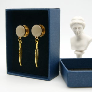 Camel Based Color with Gold leaves screw on ear gauges plugs in gold color, size from 8g up to 1 inch
