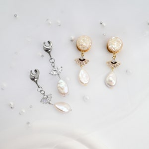 White Crushed Shell Screw On Ear Gauges with Zircon Fan Hanger and Freshwater Pearl Drop Perfect for Prom or Wedding, Size 8g up to 1 inch image 7
