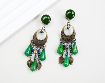 Antique Bronze Green Teardrop Ear Plugs with Leaf Charms, 8g, 6g, 4g, 2g, 0g,00g,7/16", 1/2", 9/16", 5/8", 3/4", 1" Prom Gauges