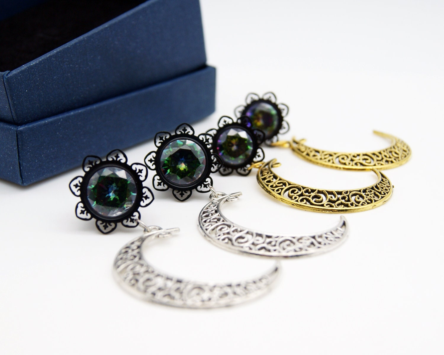 Moon Ear Plugs Gauges Crystal Dangle Ear Gauge Earrings Etsy