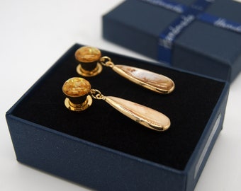 Elegant Orange  Dangle Plugs with Crushed Shell on top /8g ,6g ,4g ,2g ,0g ,00g ,1/2, 9/16 , 5/8 ,11/16 ,3/4 ,1 inch Earrings Gauges