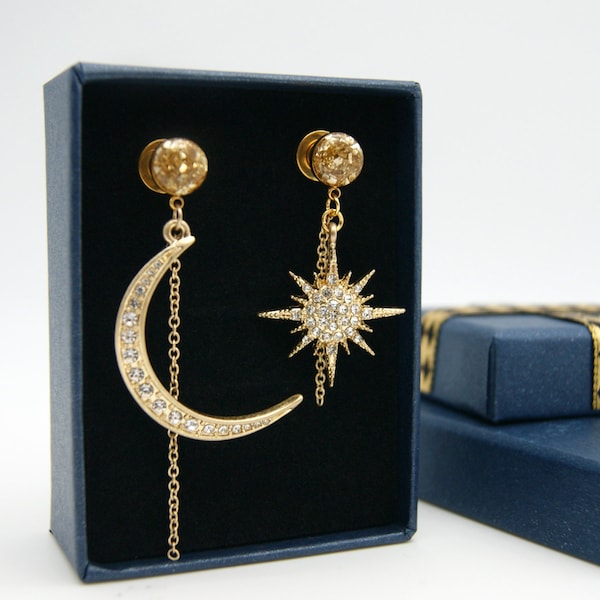 Calibres de tapones Crystal Moon&Star Burst: 8g, 6g, 4g, 2g, 0g, 00g, 7/16 pulgadas, 1/2, 9/16, 5/8, 11/16, 3/4, 1 pulgada. Calibres Moon.