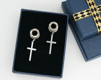 Silver Cross Plugs Crushed Glass Ear Gauges 8g,6g, 4g, 2g, 0g, 00g, 1/2,9/16, 5/8, 11/16, 3/4 ,1 inch Punk Gauges /Men Plugs