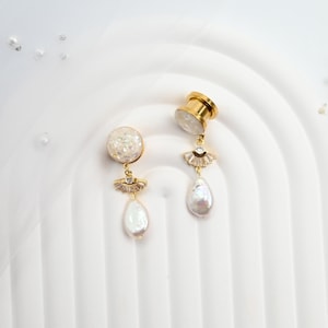 White Crushed Shell Screw On Ear Gauges with Zircon Fan Hanger and Freshwater Pearl Drop Perfect for Prom or Wedding, Size 8g up to 1 inch image 2