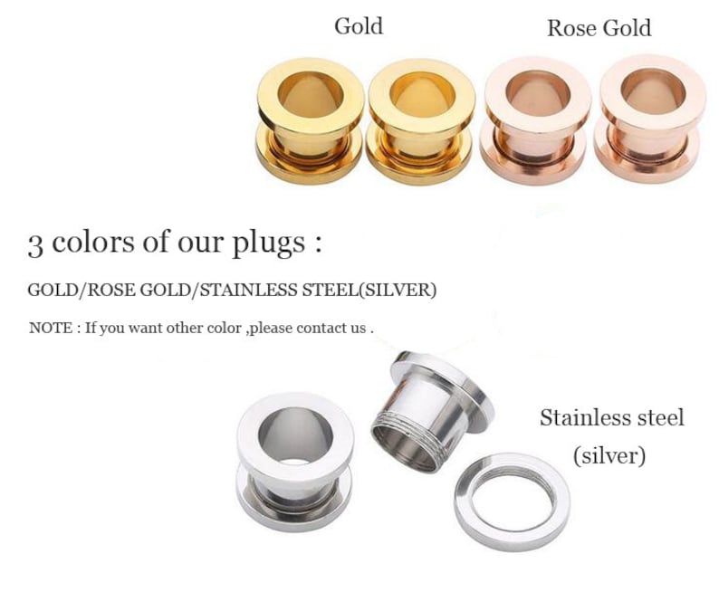 May include: Three pairs of ear gauges in gold, rose gold, and stainless steel. The gauges are available in three colors: gold, rose gold, and stainless steel (silver).