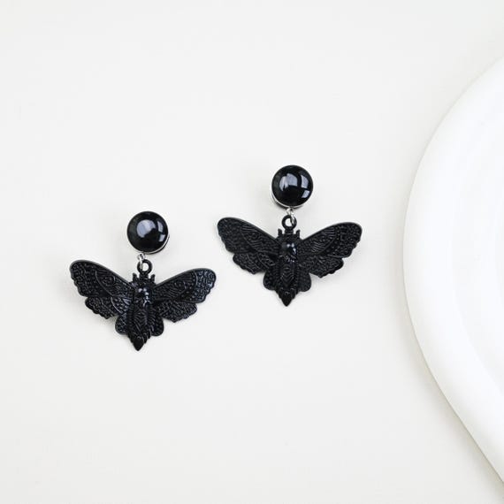Gothic Black Moth Ear Gauges – Stainless Steel Gauges with Dark Winged Charm,Size Available from 8g up to 1 inch