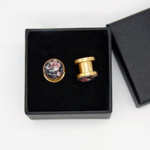 Vintage Rose Picture Ear Gauges with Screw on Size 8g up to Size 1 inch