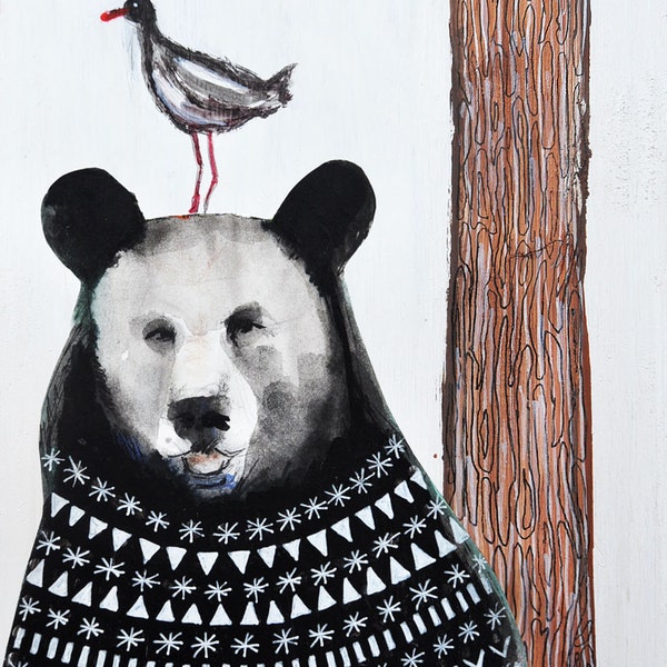 Bear and bird, Original acrylic and  mixed media painting, painting on wood, size 15 cm x 20 cm, black and white art