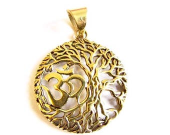 Circle Tree of Life Om Ohm Aum brass pendant On Wax Cord Or Chain Yoga Jewellery Adjustable Unisex Free UK Shipping + Gift Bag