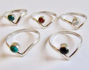 Simple Chevron Gemstone Ring White Brass Green Onyx Turquoise Carnelian Moonstone Lapis Ruby  + Gift Bag , Free UK Delivery WBC