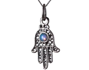 Hamsa Hand of Fatima Dainty Sterling Silver High Polished Necklace Pendant Turquoise Opal Handmade Free UK delivery