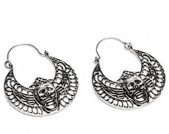 Skull White Brass Hoop Earrings Tribal Earrings Nickel Free Gothic Jewellery Free UK Delivery Gift Boxed